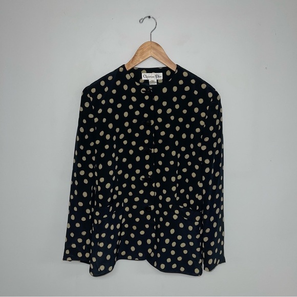 Christian Dior Vintage Silk Blazer Jacket Women's Size 8 Black Tan Polka Dot Top - Picture 2 of 12